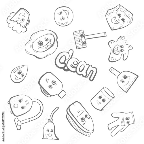 Cute items for clean up. Chambermaid work set vector illustration.