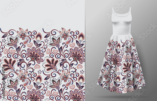 Floral seamless pattern with oriental hand drawing ornament. Vector illustration in asian textile style. Women's dress mock up. Lilac on gray.