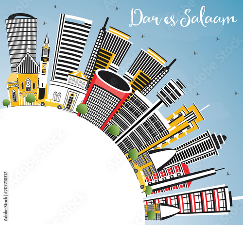 Dar Es Salaam Tanzania City Skyline with Color Buildings, Blue Sky and Copy Space.