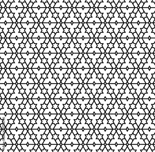 Seamless pattern in black and white in average lines.Based on arabic geometric patterns.
