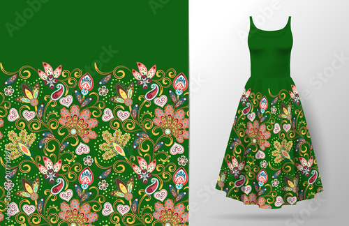 Floral seamless pattern with oriental hand drawing ornament. Vector illustration in asian textile style. Women's dress mock up. Green background