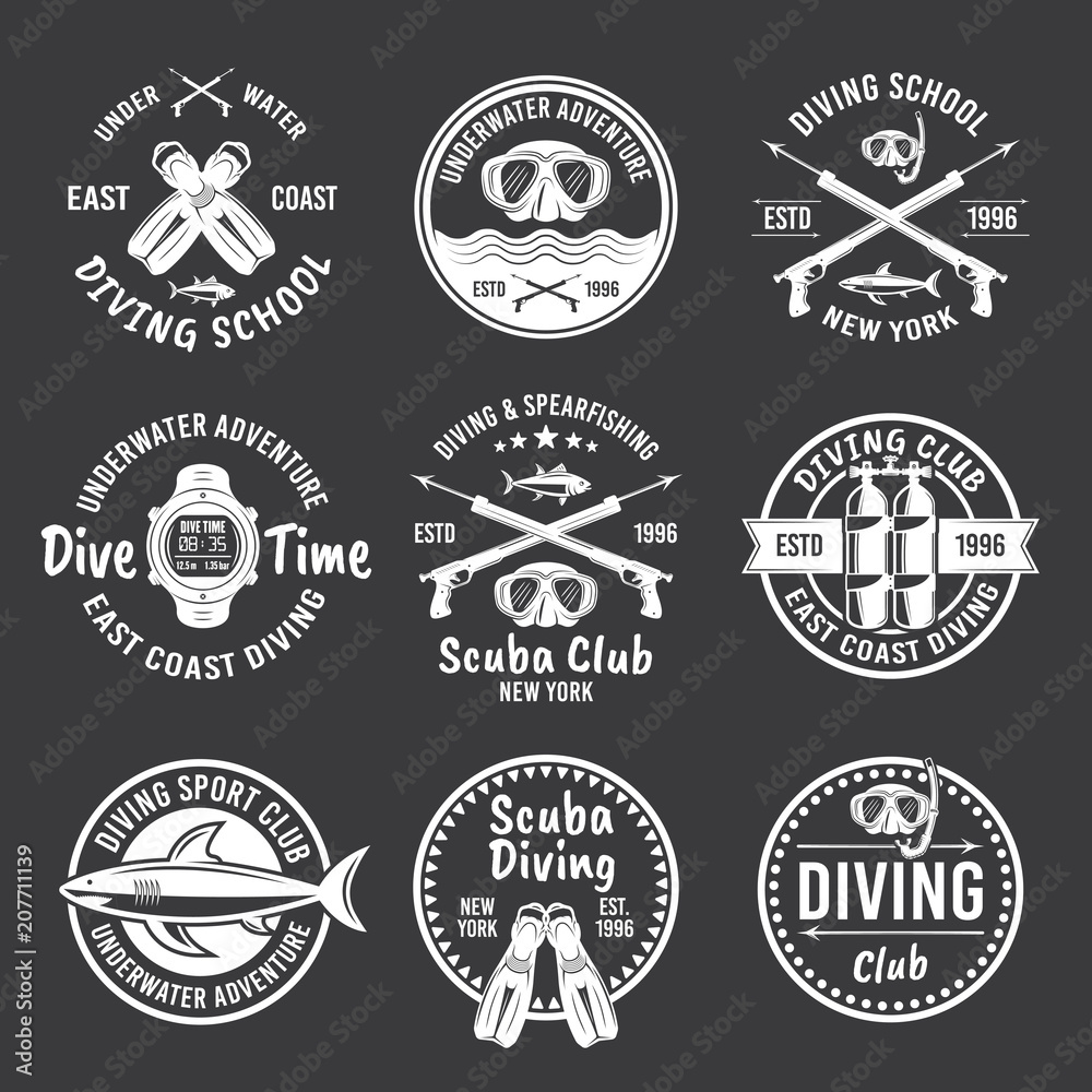 Diving, spearfishing vector white labels on dark Diving, spearfishing vector white labels on dark