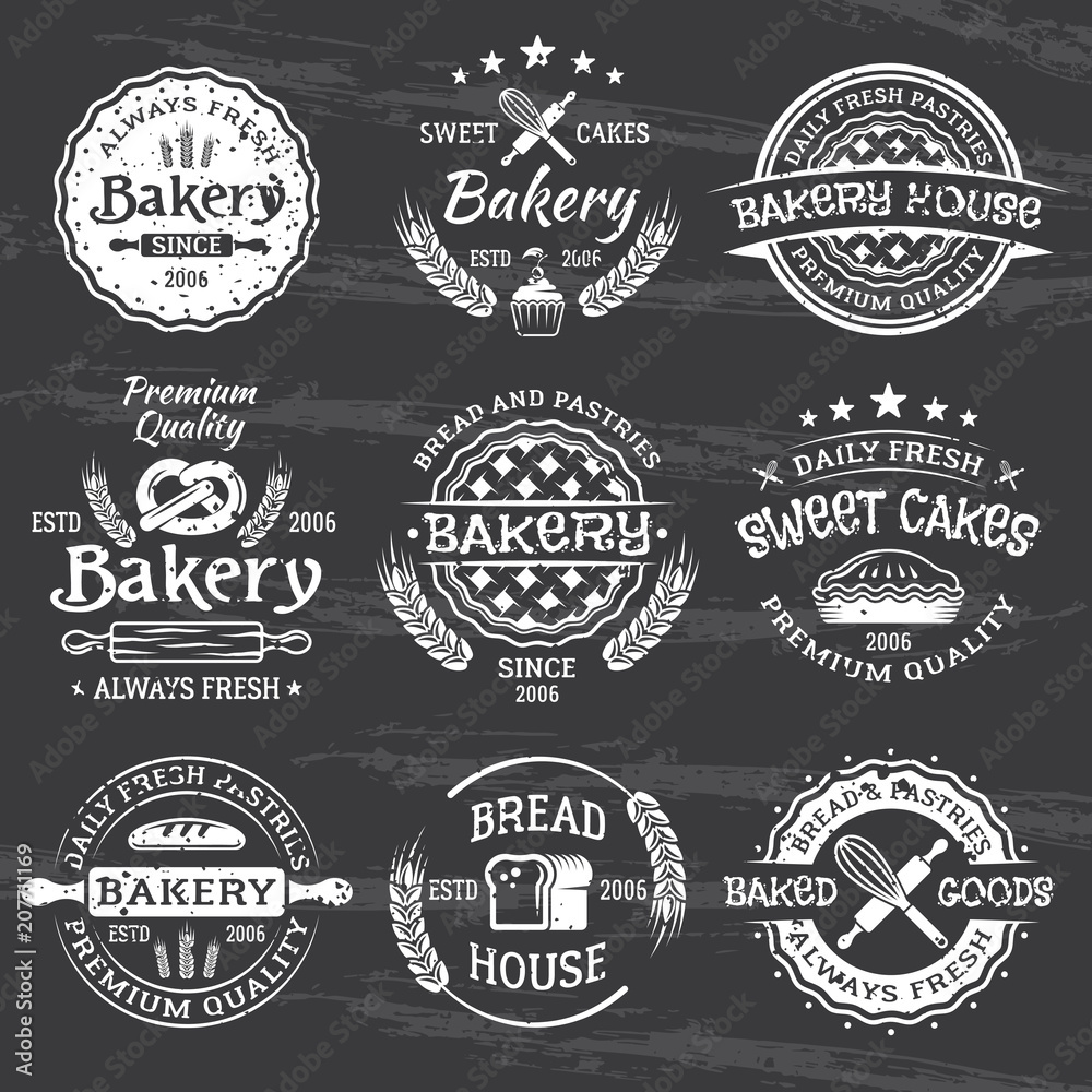 Bakery and pastries vintage vector white emblems