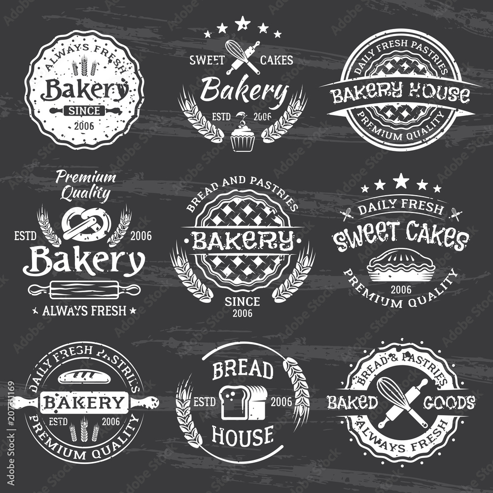 Fototapeta premium Bakery and pastries vintage vector white emblems
