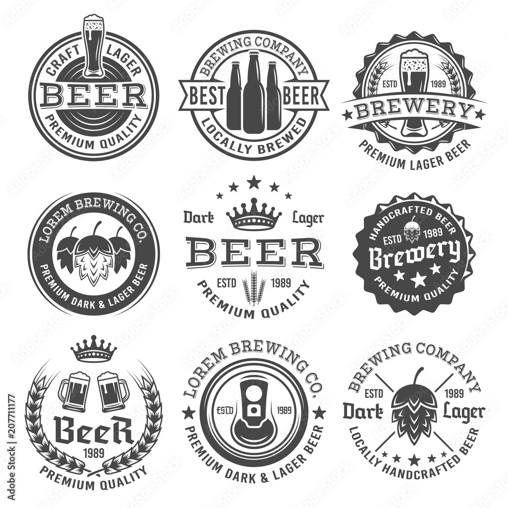 Beer and brewery vector black and white emblems Beer and brewery vector black and white emblems