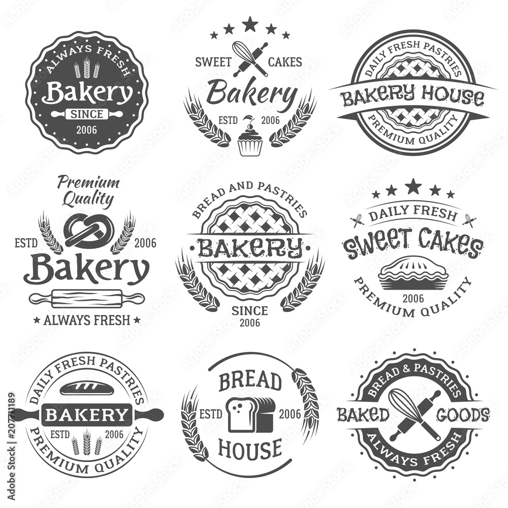 Bakery and pastries vintage vector black emblems