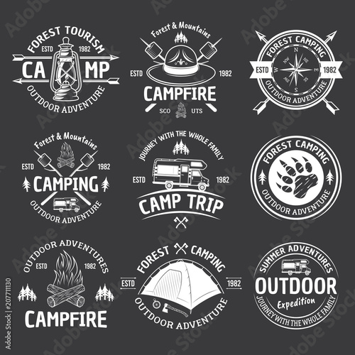 Camping vector vintage white emblems on dark