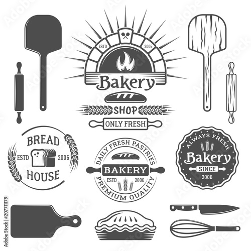 Bakery, brick oven vector emblems, design elements