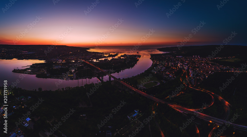 Aerial panorama drone view of Asparuhov bridge and Varna city, Bulgaria