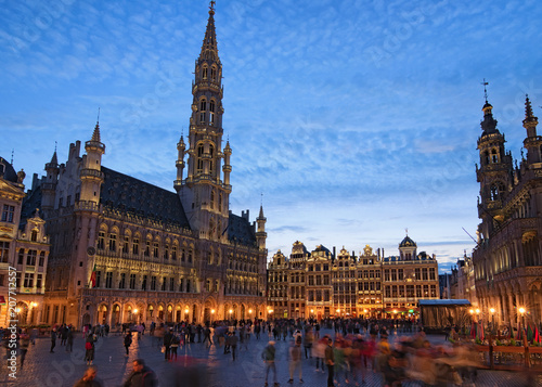 The Grand place (Grote Markt) is the central square of medieval Brussels. Beautiful view during sunset at spring. One of the most favorite places for locals and tourists. Belgium. Brussels
