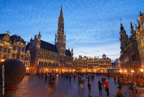 The Grand place (Grote Markt) is the central square of medieval Brussels. Beautiful view during sunset at spring. The Grand place is one of the world's most beautiful squares. Belgium. Brussels