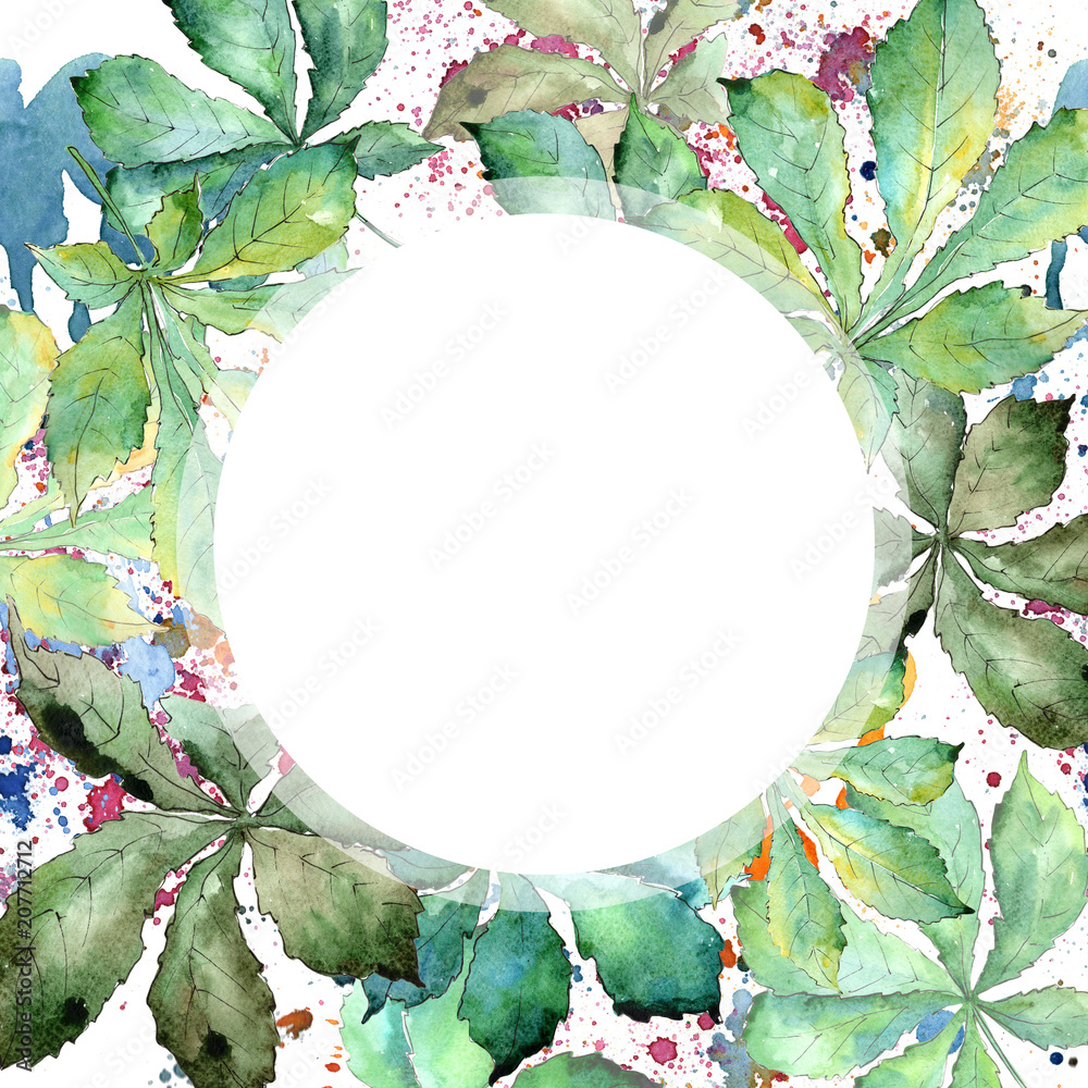 Fototapeta premium Green chestnut leaves in a watercolor style. Frame border ornament square. Aquarelle leaf for background, texture, wrapper pattern, frame or border.