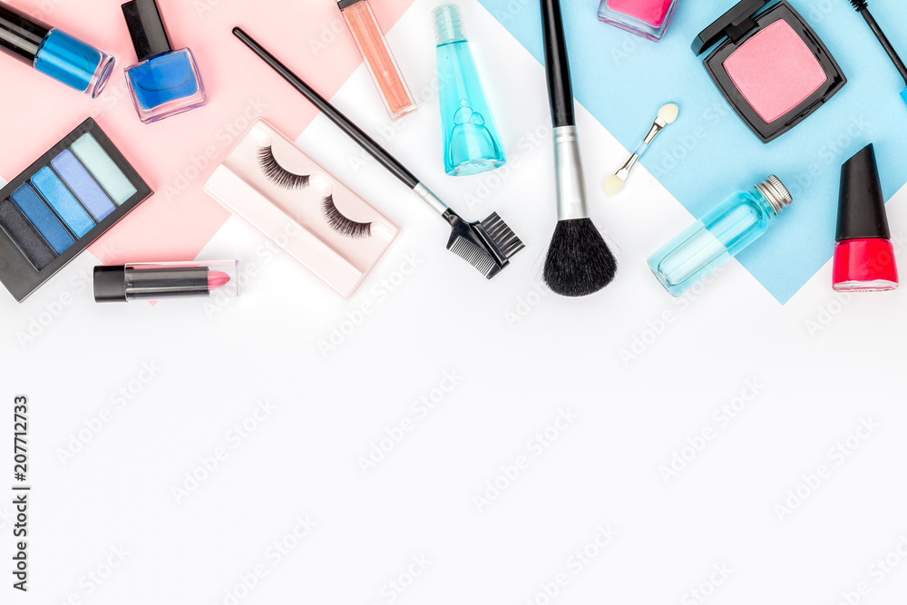 set of professional decorative cosmetics, makeup tools and accessory on white background with copy space for text. beauty, fashion, party and shopping concept. flat lay frame composition, top view