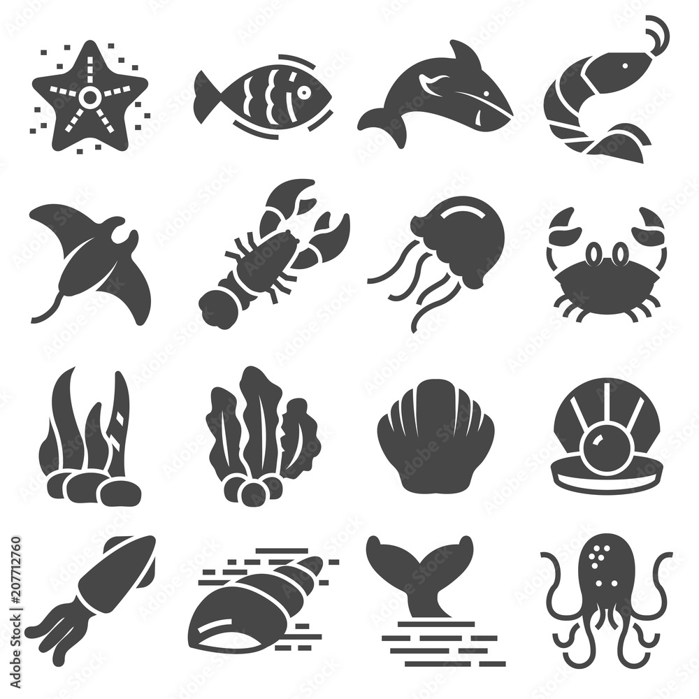 Sea animal related icons. Thin vector icon set