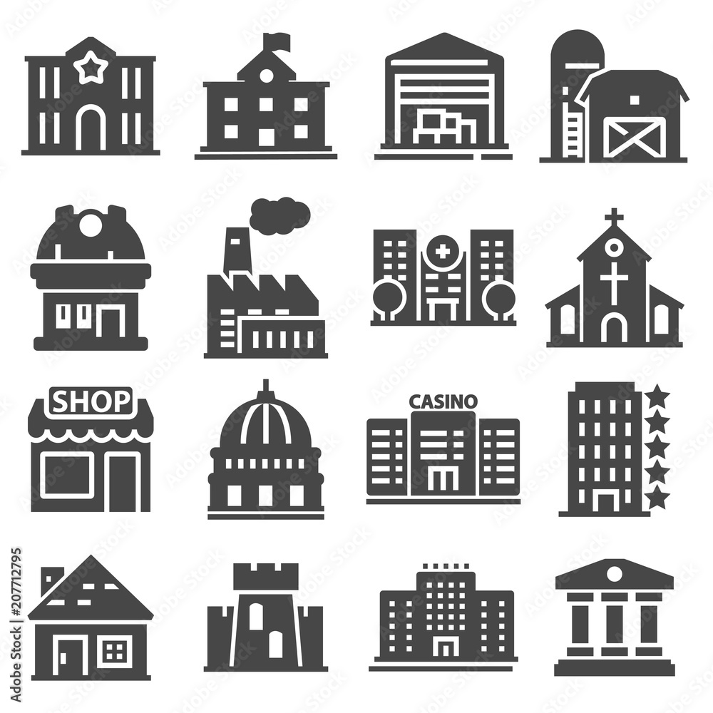 Government building icons set of police school house isolated vector illustration