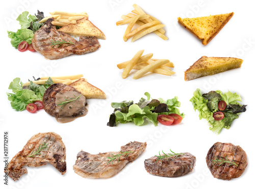 Grilled pork,french fries,garlic bread and salad isolated on white background