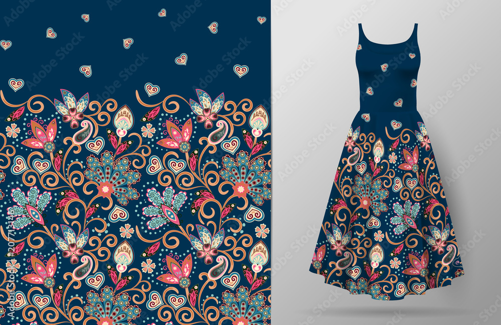 Seamless vertical fantasy flowers pattern. Hand draw floral background on dress mockup. Vector. Traditional eastern pattern for textiles, wallpapers, decor etc. Pink blue beige pattern on dark bue.