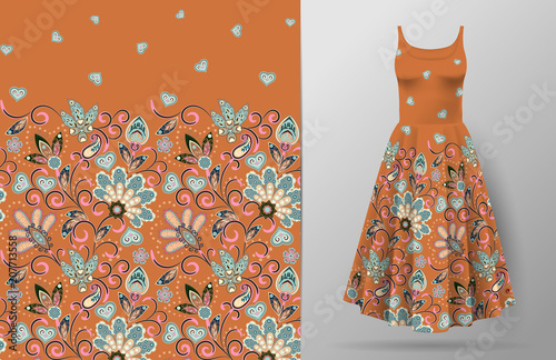 Seamless vertical fantasy flowers pattern. Hand draw floral background on dress mockup. Vector. Traditional eastern pattern for textiles, wallpapers, decor etc. Brown