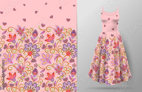 Fototapeta Naklejka Na Ścianę i Meble -  Seamless vertical fantasy flowers pattern. Hand draw floral background on dress mockup. Vector. Traditional eastern pattern for textiles, wallpapers, decor etc. Delicate pink