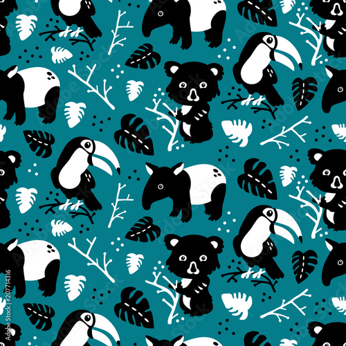 Vector seamless background pattern with scandinavian rainforest animals for baby shower, textile design