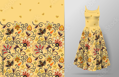 Seamless vertical fantasy flowers pattern. Hand draw floral background on dress mockup. Vector. Traditional eastern pattern for textiles, wallpapers, decor etc.