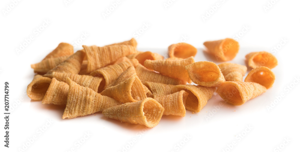 Crunchy corn snacks on a white background