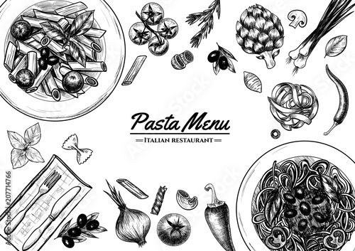 Italian pasta frame . Hand drawn vector illustration of an Italian pasta on a blackboard, sketch . Classic italian cuisine.