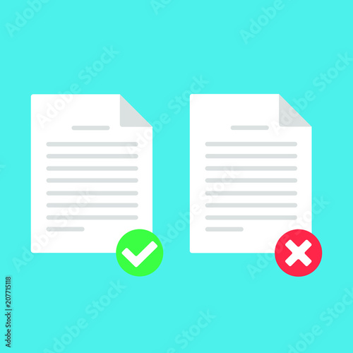 Document paper sheet  page with claim form, check mark tick and cross, text icon  vector illustration set. Symbol of doc confirmation, delivery, verification flat style concept isolated background