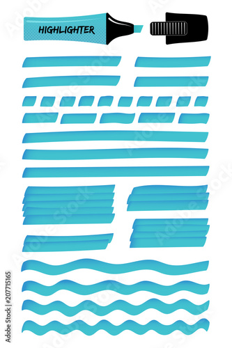 Highlighter permanent pen blue hand drawn objects set. Highlight marker solid stripes, dashed or dotted lines, wavy strokes and sketchy rectangle hand drawing. Vector illustration for text memo design