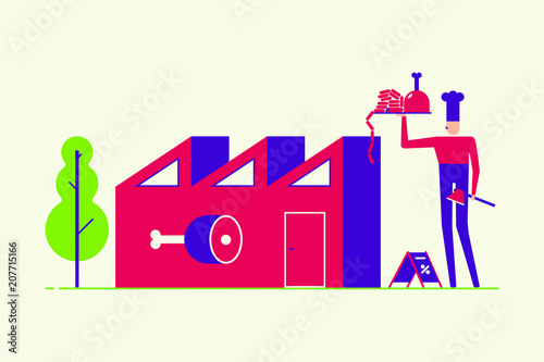 Butcher with meat products and axe next to butchery shop building sale and the tree minimal abstract flat style design vector illustration isolated on white background