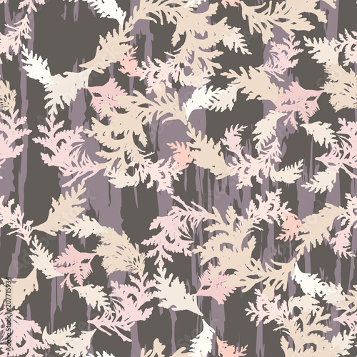 Botanical vector seamless pattern with thuja branches and twigs and abstrac brush stokes background.