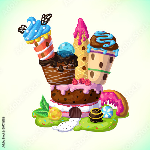 Sweet candy castle. A fairytale castle with towers of cakes and ice cream. Cartoon vector illustration