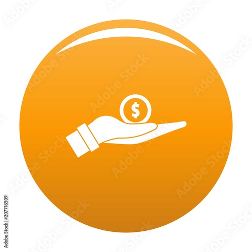 Coin in hand icon. Simple illustration of coin in hand vector icon for any design orange
