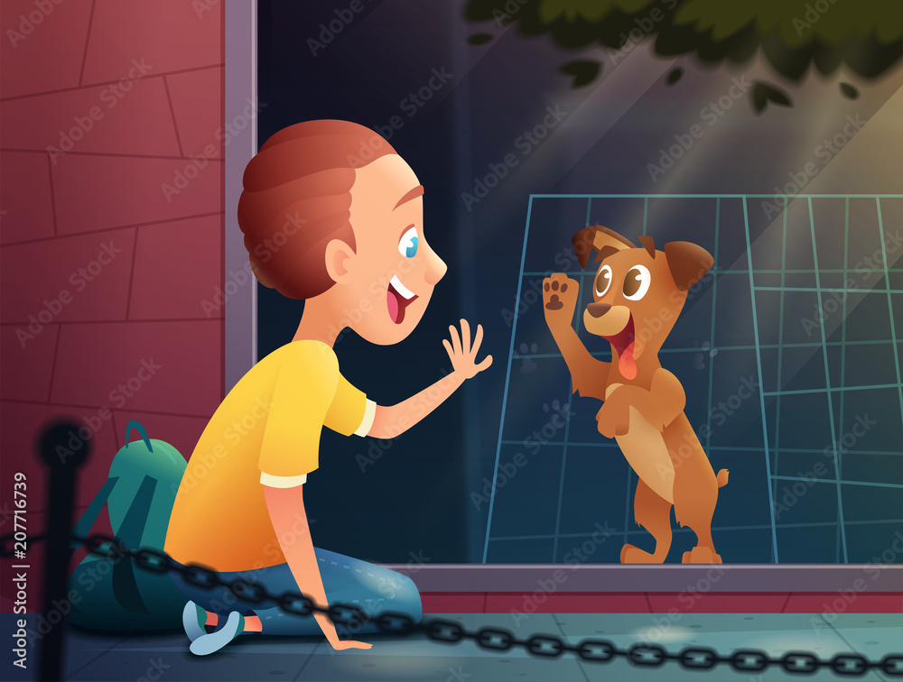 Child siting near a pet shop window and looking at a puppy dog. Kid and dog  meeting . Vector cartoon illustration Stock Vector | Adobe Stock