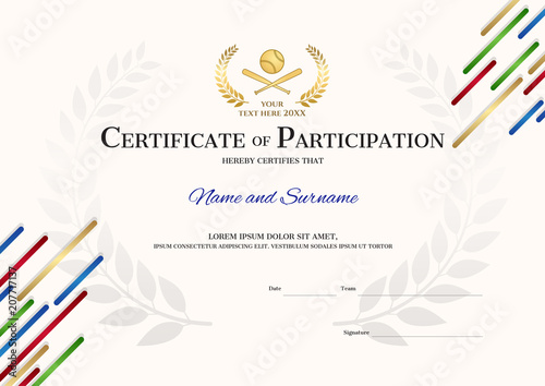 Certificate template in baseball sport theme with sport color stripe theme background, Diploma design