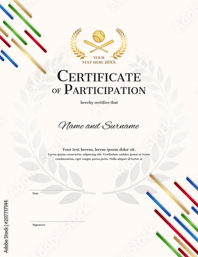 Portrait certificate template in baseball sport theme with sport color stripe theme background, Diploma design