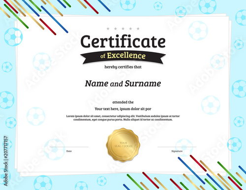 Certificate template in football sport theme with border frame, Diploma design