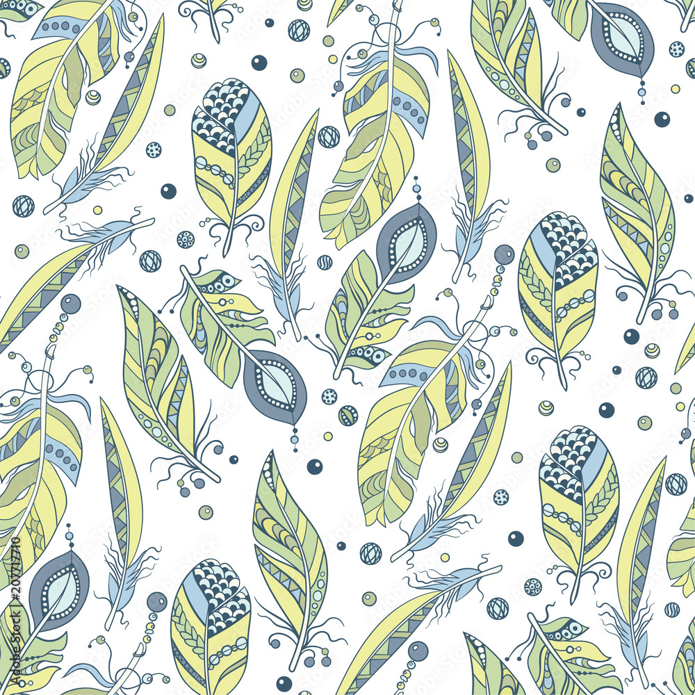 Tribal native seamless pattern with feathers and beads in vector graphic illustration Tribal native seamless pattern with feathers and beads in vector graphic illustration