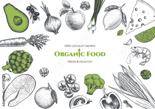 Vector frame with organic food. Fresh vegetables and fruits. Hand drawn. Vintage style