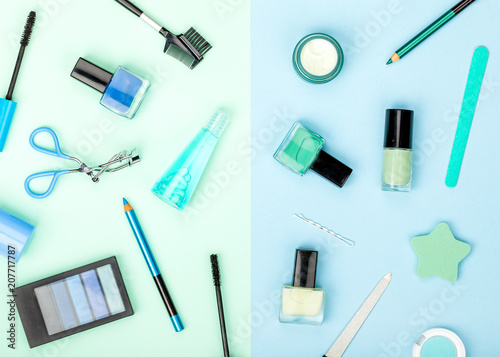 set of professional decorative cosmetics, makeup tools and accessory on white background. beauty, fashion, party and shopping concept. trendy flat lay composition, top view