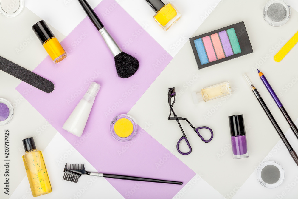 set of professional decorative cosmetics, makeup tools and accessory on white background. beauty, fashion, party and shopping concept. trendy flat lay composition, top view set of professional decorative cosmetics, makeup tools and accessory on white background. beauty, fashion, party and shopping concept. trendy flat lay composition, top view