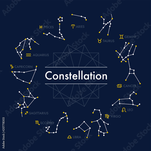 12 constellation line icon vector flat graphic design illustration set 