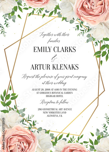 Wedding floral invite, invtation card design. Watercolor blush pink rose, whi...