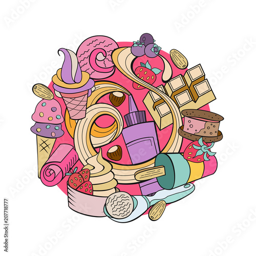 Miscellaneous ice cream with fruit and topping. Hand drawn vector illustration.