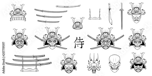 Set of different elements of samurai design - samurai mask, helmet, Japanese sword, katana sword, Chinese dragon and skull. Mask of a samurai warrior with a sword. Vector graphics to design.