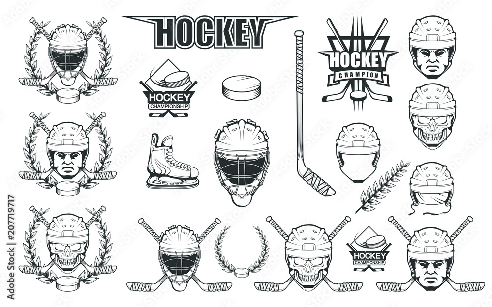 Fototapeta premium Set of different elements for hockey playing. Hockey helmet. Professional ice skates illustration. Skull with hockey helmet. Ice Games logo. Goalkeeper mask with sticks. Vector graphics to design.