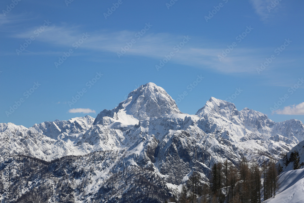high mountains in winter from Lussari Mount in the Italian Region called Friuli