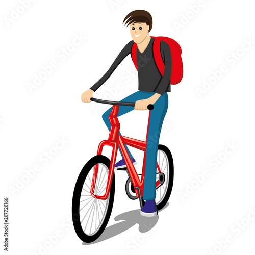 Man rides on a red bicycle on a white background.