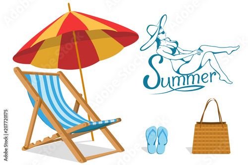 Set for summer vacation design - chaise longue, beach slippers, beach bag, umbrella protecting from the sun. Summer holiday. Beautiful girl in a swimsuit and hat. Vector graphics to design.