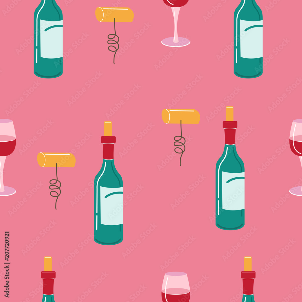 The wine and Corkscrew. Seamless pattern. The wine and Corkscrew. Seamless pattern.